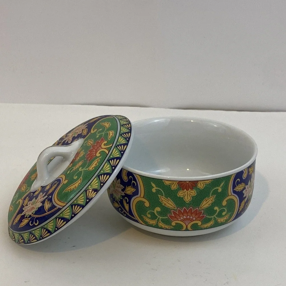 Andrea By Sadek Asian Porcelain Cloisonne Style Jar Trinket Box Lotus Floral Vtg
